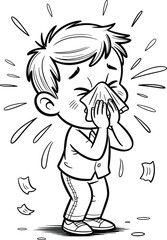 Young boy sneezing into tissue, cold symptoms, allergy attack, sick child, runny nose, illness, health care, seasonal allergies, child health problem, sneezing fit
