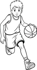 Young boy playing basketball, dribbling ball, active sports kid, basketball game, youth athletic activity, outdoor exercise, kids fitness, sportsmanship, basketball training, fun sport illustration