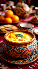 Fototapeta premium A colorful ceramic bowl with a yellow vegetable soup is placed on a decorative tablecloth