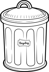 Recycling trash bin illustration, black and white line art drawing, metal garbage can, waste management, environmental awareness, recycling concept, eco-friendly container, trash disposal