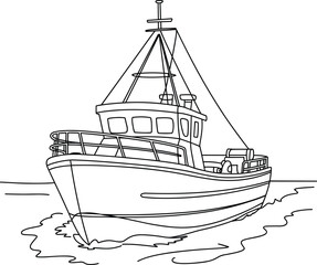 Fishing boat sailing on calm water, black and white line art, maritime vessel illustration, commercial fishing vessel, ocean travel, nautical transport drawing