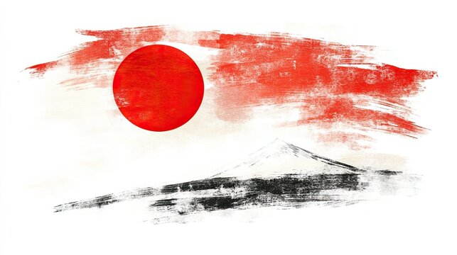 Abstract mountain scene with red circle