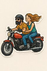A couple enjoys a motorcycle ride. The rider wears a helmet and the passenger holds on tight, both grinning with carefree joy.