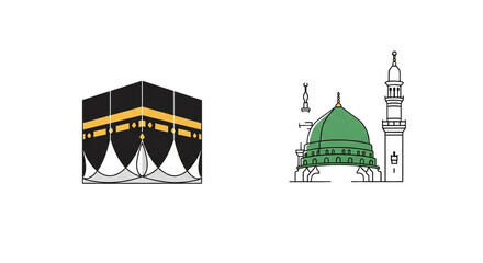 Islamic sacred sites Kaaba and Prophet's Mosque illustrated icons