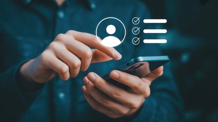 Digital Profile Verification: Close-up of a person using their smart phone to verify and access a digital profile. Illustrating security and easy management.