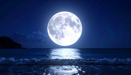 Full moon over a tranquil sea at night