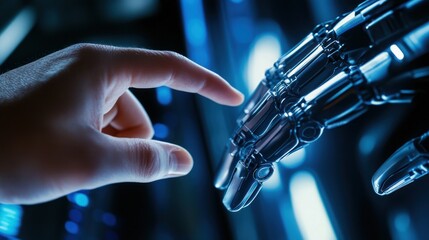 Human and robot hand connection in futuristic setting