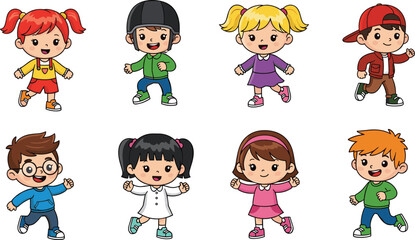 Colorful cartoon children walking and running in playful poses, diverse kids characters in motion, isolated vector illustration for education and lifestyle design