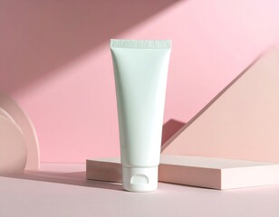 Minimalist cosmetic tube on a pink geometric backdrop