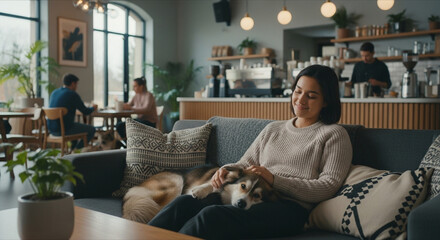 Serene Woman Cuddles Beloved Dog on Cozy Sofa in a Bright, Modern Cafe