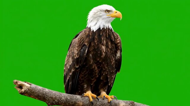 A majestic bald eagle perched on a wooden branch against a solid green screen background for chroma keying.