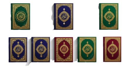 Collection of Islamic holy books displayed in various colors and designs, representing spiritual and religious texts