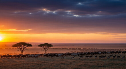 Serengeti Sunset: Majestic Wildebeest Migration at Golden Hour