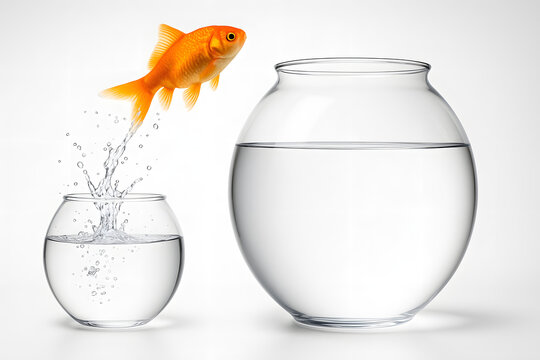 Goldfish jumping from small bowl to big bowl, concept of opportunity growth and success, motivation leap for progress, change and achievement in life, business challenge overcoming barrier and ambitio