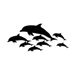 Fototapeta premium Dynamic Dolphin Pod Swimming in Ocean Waves, Aquatic Scene, Nature Illustration, Vibrant Marine Life