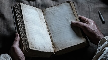 Weathered hands read open antique book