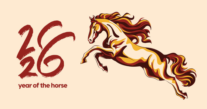 2026 Year of the Horse illustration in traditional Asian style, perfect for Lunar New Year designs, decorations, prints, and festive zodiac themes.