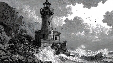 A Lighthouse on Rocky Cliffs Bathed in Dramatic Waves