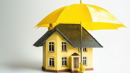 Creative representation of house protection with a yellow umbrella during a rainy day