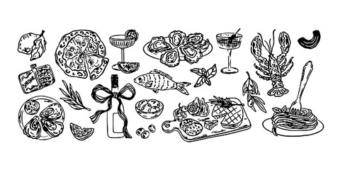 different mediterranean food set. Oysters, pasta, pizza, wine, charcuterie. Dolce vita table setting coast food drawings for cafe or restaurant menus design. Doodle sketch vector