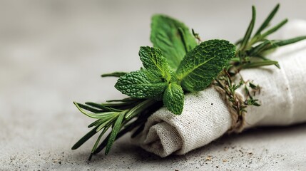 Rolled linen napkin tied with twine, garnished with fresh mint and rosemary