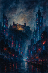 Night cityscape watercolor showcasing glowing buildings and a stately structure on a hill under a moody, clouded sky.