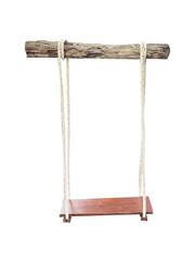 Handcrafted Wooden Swing: A rustic wooden swing, suspended by sturdy ropes from a natural log, evoking a sense of nostalgia and simple pleasures.  