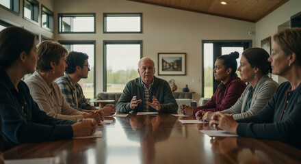 Serious Family Meeting:  Elderly Man Addresses Attentive Multigenerational Group Around Large Wooden Table in Modern Home