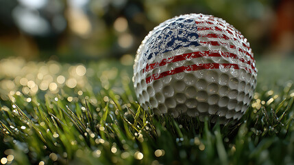 American flag displayed on a golf ball sitting on lush green grass for patriotic sports concept