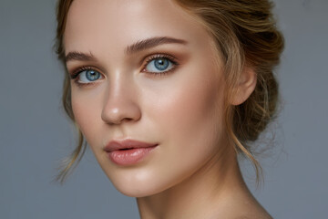 Fototapeta premium Close up portrait of young woman with flawless skin, blue eyes, natural makeup, and soft expression, highlighting beauty and healthy complexion in studio lighting