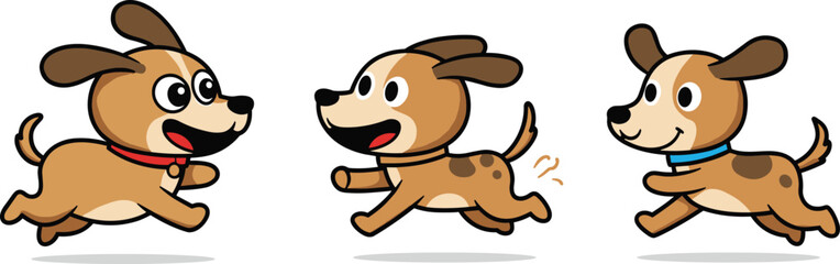Cute cartoon dogs running happily, playful puppy characters with collars, energetic pets illustration vector design for animal, kids, fun, and happiness.
