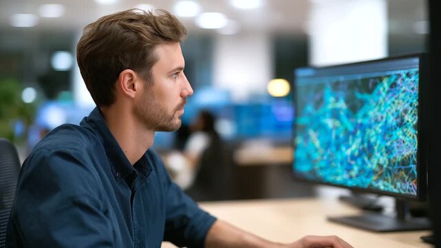 Energy sector data analyst optimizing power grid efficiency using smart meter analytics with consumption patterns and renewable energy integration displayed through three