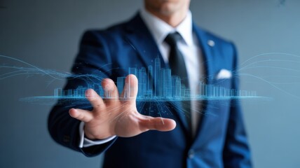 Visionary Touch: A business person, impeccably dressed in a tailored suit, interacts with a holographic digital display, depicting futuristic technological advancements and data analytics. 