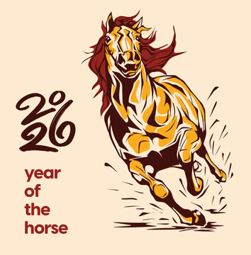 2026 Year of the Horse illustration in traditional Asian style, perfect for Lunar New Year designs, decorations, prints, and festive zodiac themes.