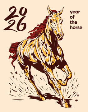2026 Year of the Horse illustration in traditional Asian style, perfect for Lunar New Year designs, decorations, prints, and festive zodiac themes.