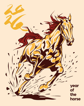2026 Year of the Horse illustration in traditional Asian style, perfect for Lunar New Year designs, decorations, prints, and festive zodiac themes.