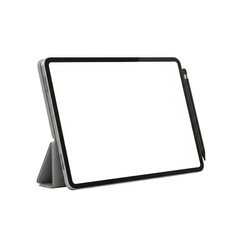 Modern tablet device displaying blank screen with protective cover and stand transparent background