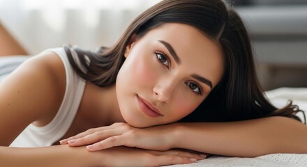 Obraz premium A beautiful young woman with long dark hair resting her head on her arms, looking directly at the camera with a gentle expression.