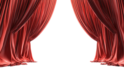 Deep crimson velvet curtains open wide, revealing a black void