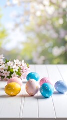 Easter eggs on white wooden table, spring blossoms in background