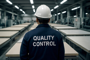 Quality Control Inspector in a Hard Hat and Uniform Walking Through a Modern Factory or Manufacturing Facility