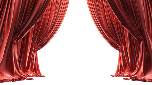 Deep crimson velvet curtains open wide, revealing a black void