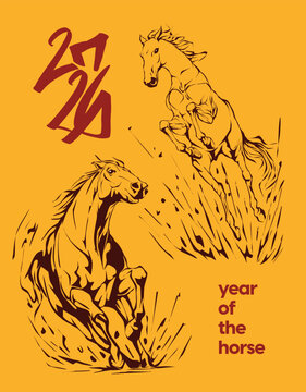 2026 Year of the Horse illustration in traditional Asian style, perfect for Lunar New Year designs, decorations, prints, and festive zodiac themes.