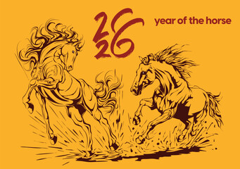 2026 Year of the Horse illustration in traditional Asian style, perfect for Lunar New Year designs, decorations, prints, and festive zodiac themes.
