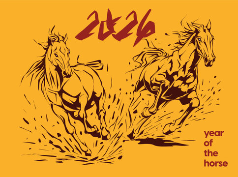 2026 Year of the Horse illustration in traditional Asian style, perfect for Lunar New Year designs, decorations, prints, and festive zodiac themes.