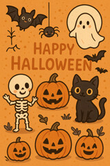 Cheerful Halloween art with cartoon ghost, bat, spider, skeleton, cat, and pumpkins against a patterned orange backdrop.