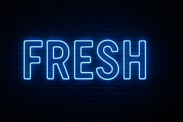 Obraz premium Fresh neon glowing text sign on dark brick wall background, bright blue illuminated typography word design, modern luminous lettering style for advertising banner restaurant food drink shop retail con