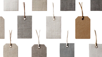 Many rectangular fabric tags, various muted neutral tones, hung by strings
