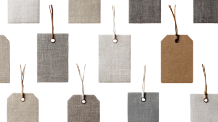 Many rectangular fabric tags, various muted neutral tones, hung by strings