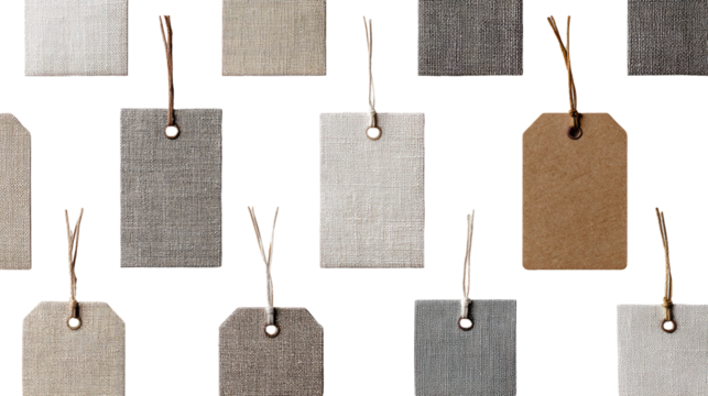 Many rectangular fabric tags, various muted neutral tones, hung by strings